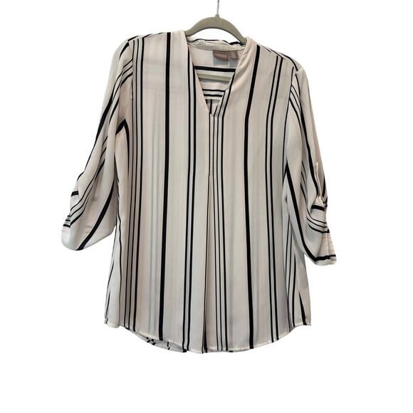 Chico's Womens Size 0 Small White Black Lightweight Striped V Neck 3/4 Sleeves - Picture 1 of 6